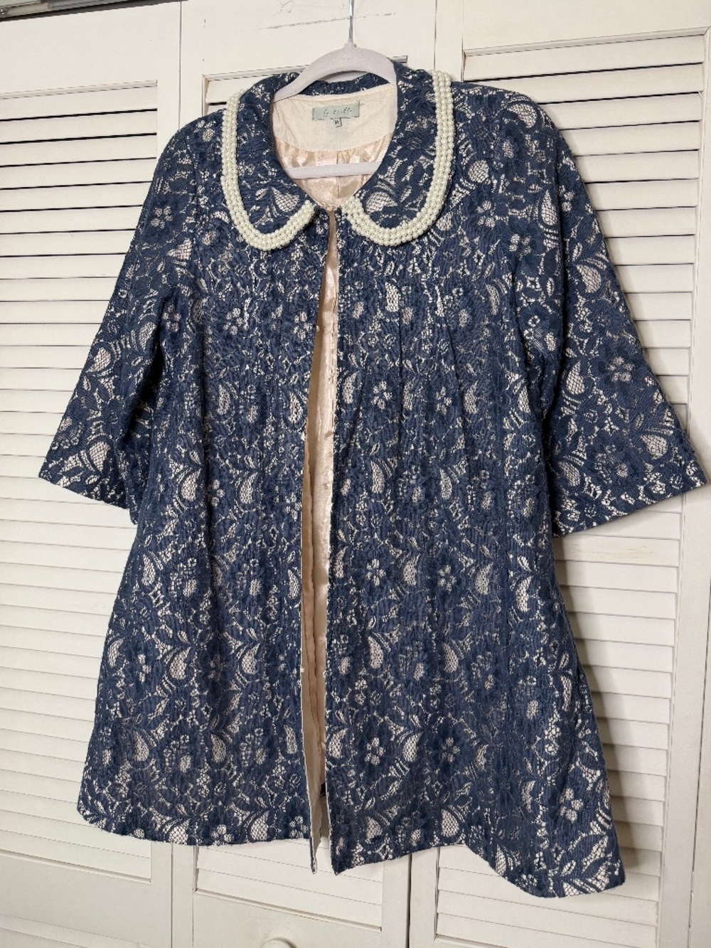 By Stella Blue Lace Jacket Hook Eye Closure Coat Faux Pearls Coquette Size M